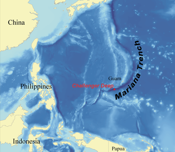 Location of Challenger Deep within the Mariana Trench and western Pacific Ocean