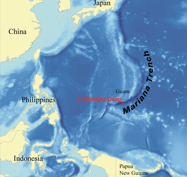 Location of Challenger Deep within the Mariana Trench and western Pacific Ocean